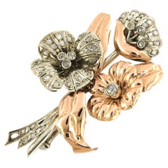 Retro Brooch set with Diamonds pink gold and silver