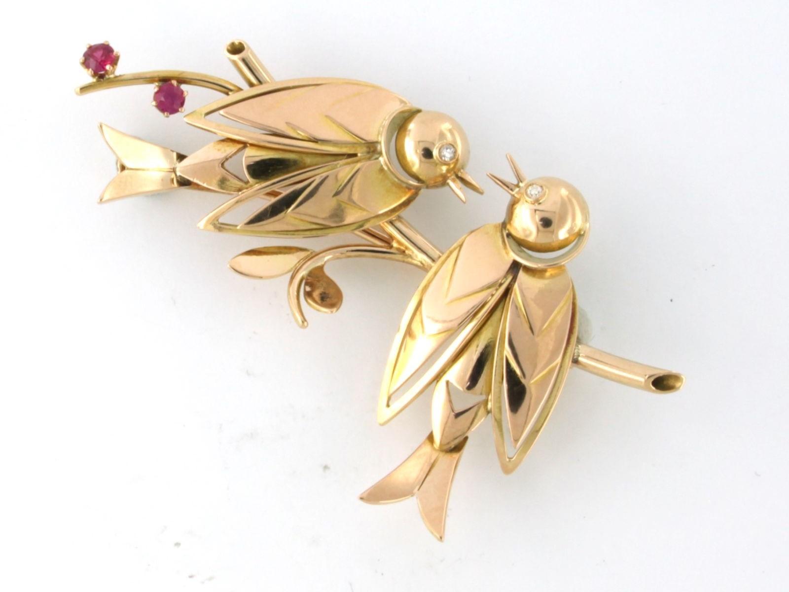 Single Cut Retro Brooch set with ruby and diamonds 18k pink gold For Sale