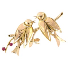 Retro Brooch set with ruby and diamonds 18k pink gold