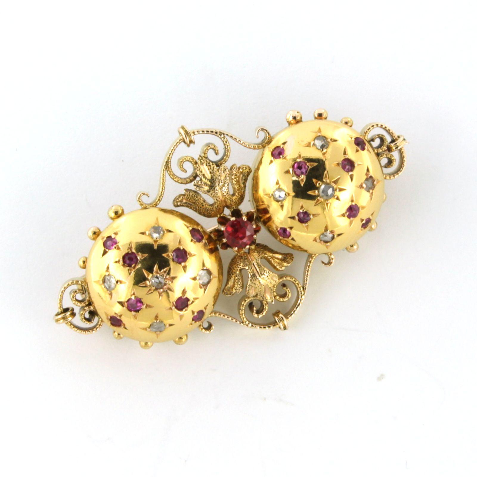 RETRO Brooch set with ruby and rose cut diamonds 14k pink gold 9.5 grams For Sale 1