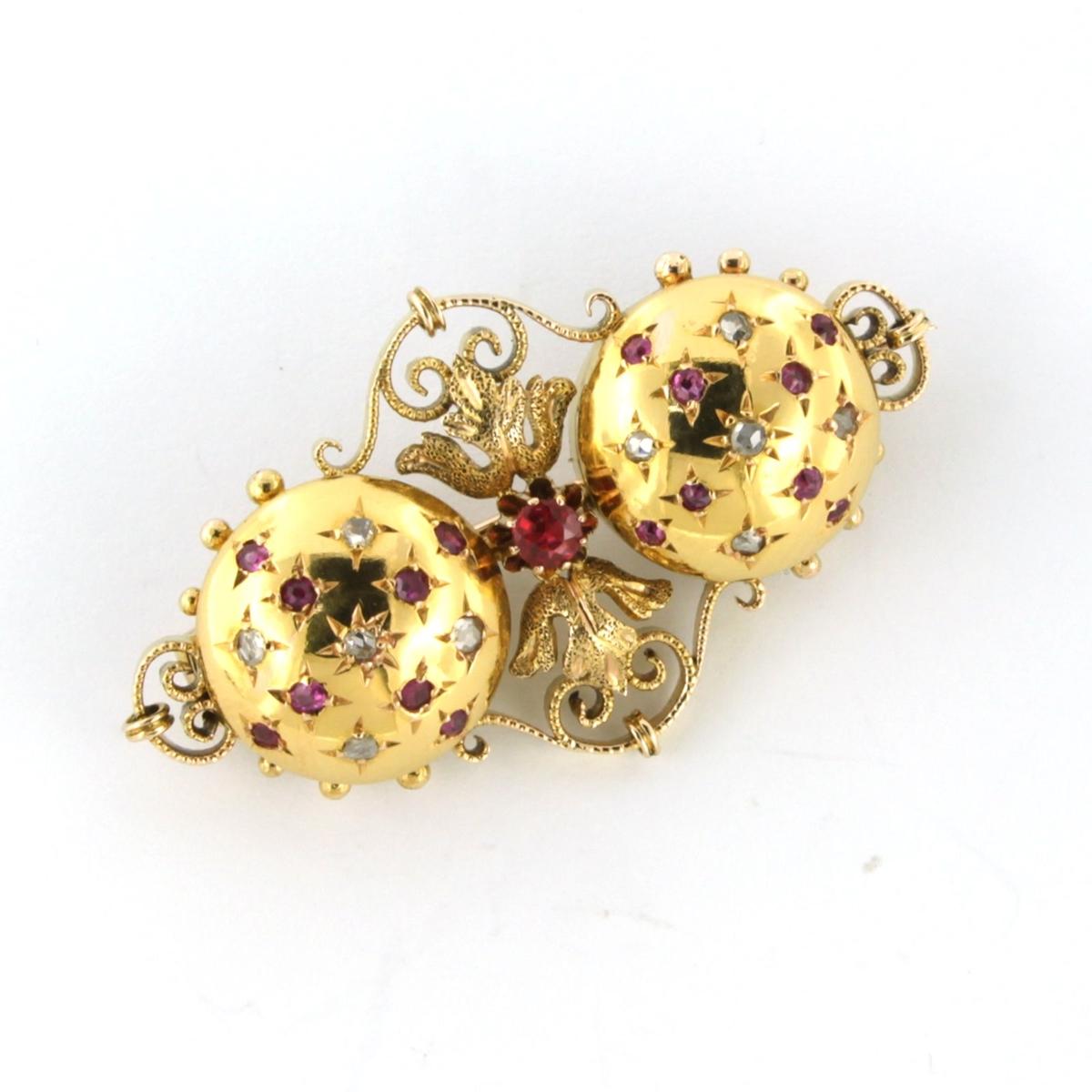 Rose Cut RETRO Brooch set with ruby and rose cut diamonds 14k yellow gold For Sale