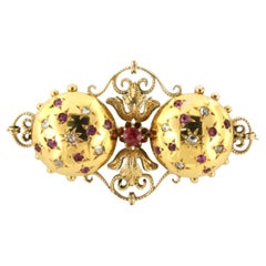 RETRO Brooch set with ruby and rose cut diamonds 14k yellow gold