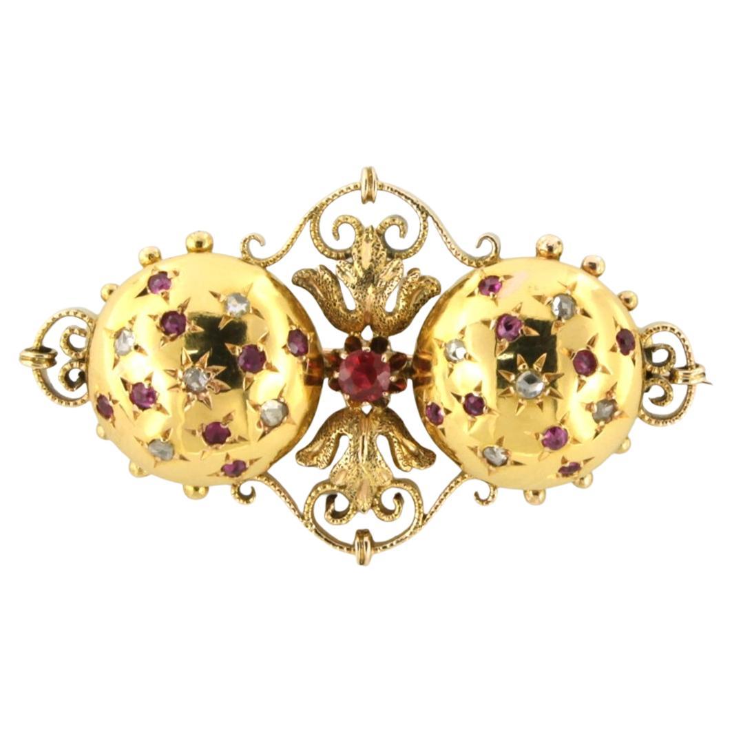 RETRO Brooch set with ruby and rose cut diamonds 14k yellow gold