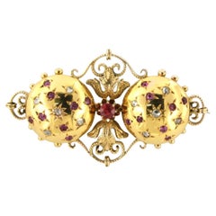 RETRO Broche en or jaune 14 carats sertie de diamants taille rose et rubis