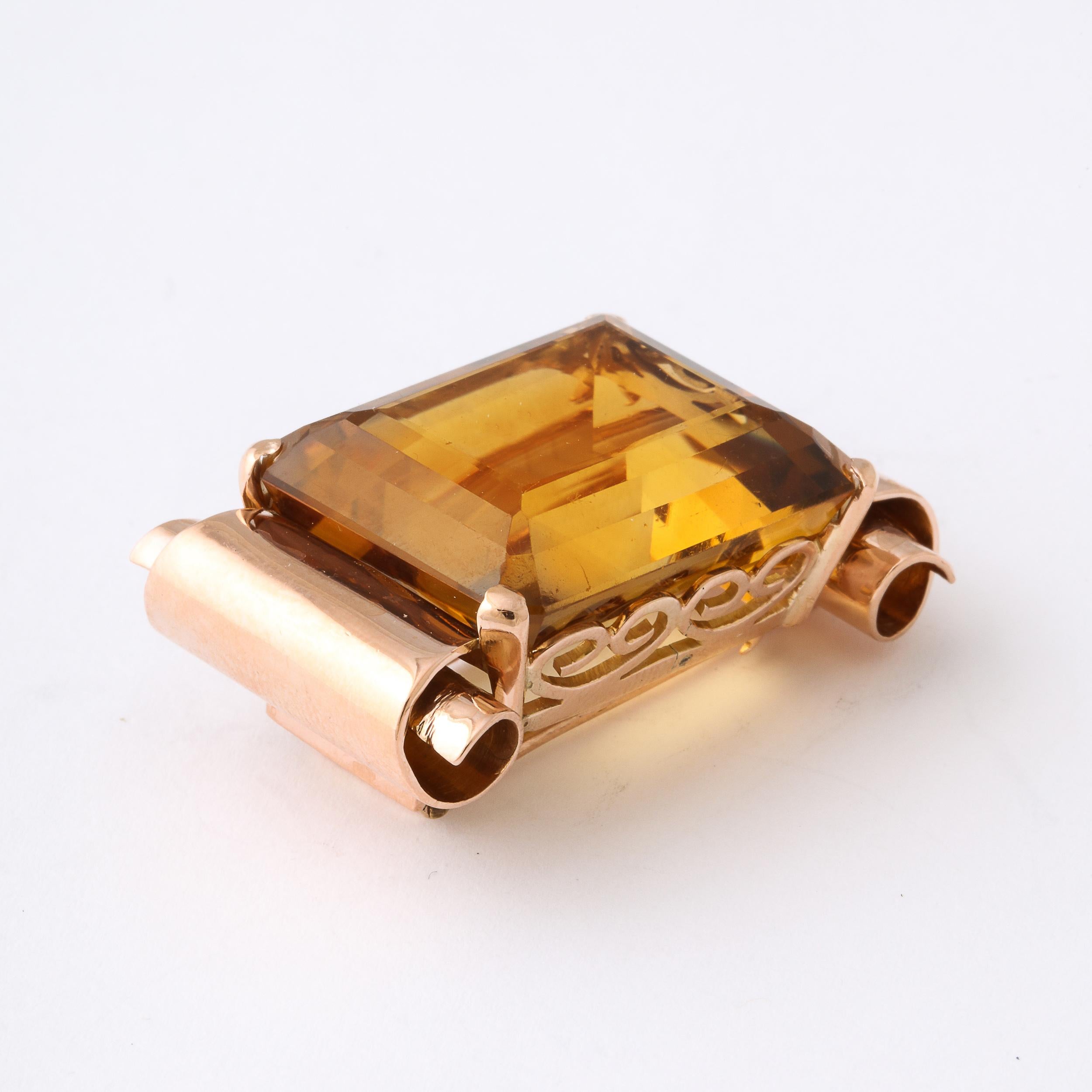 Retro Brooch With 40 Carat Emerald Cut Citrine in Rose Gold in Scrolling Mount In Excellent Condition For Sale In New York, NY