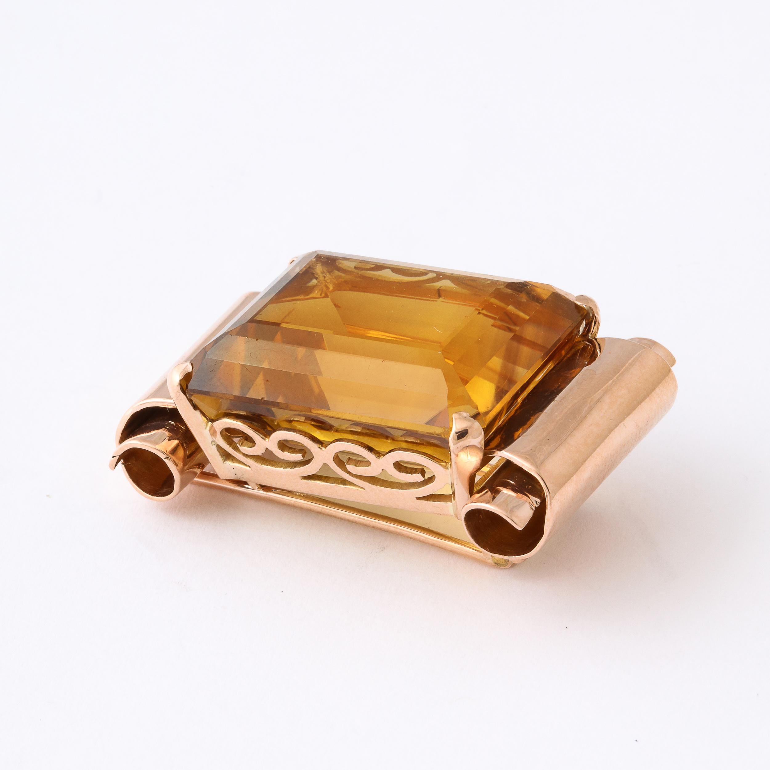 Women's or Men's Retro Brooch With 40 Carat Emerald Cut Citrine in Rose Gold in Scrolling Mount For Sale