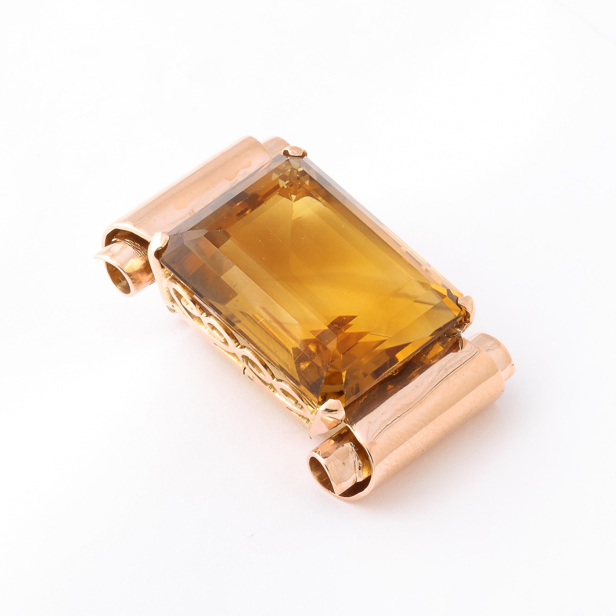 Retro Brooch With 40 Carat Emerald Cut Citrine in Rose Gold in Scrolling Mount For Sale 1