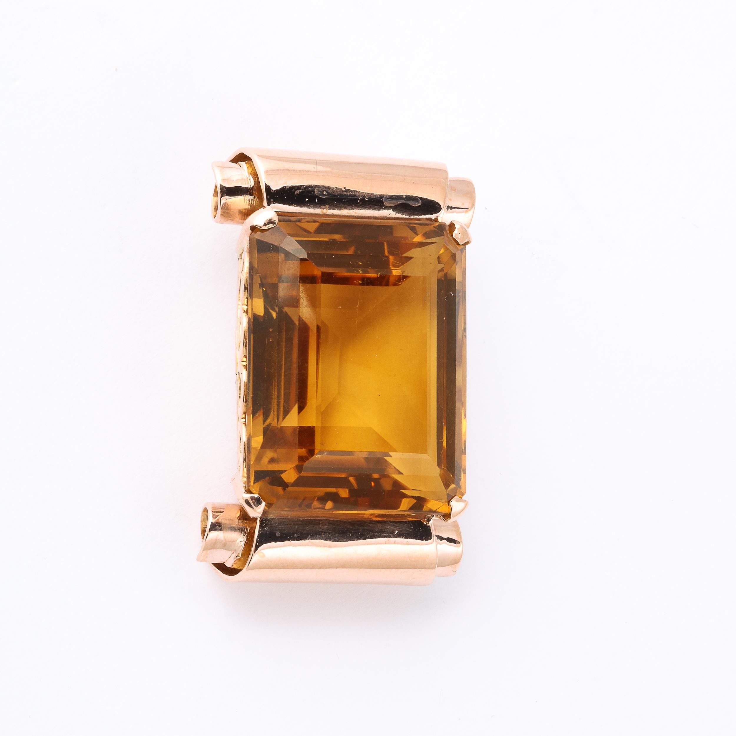 Retro Brooch With 40 Carat Emerald Cut Citrine in Rose Gold in Scrolling Mount For Sale 2