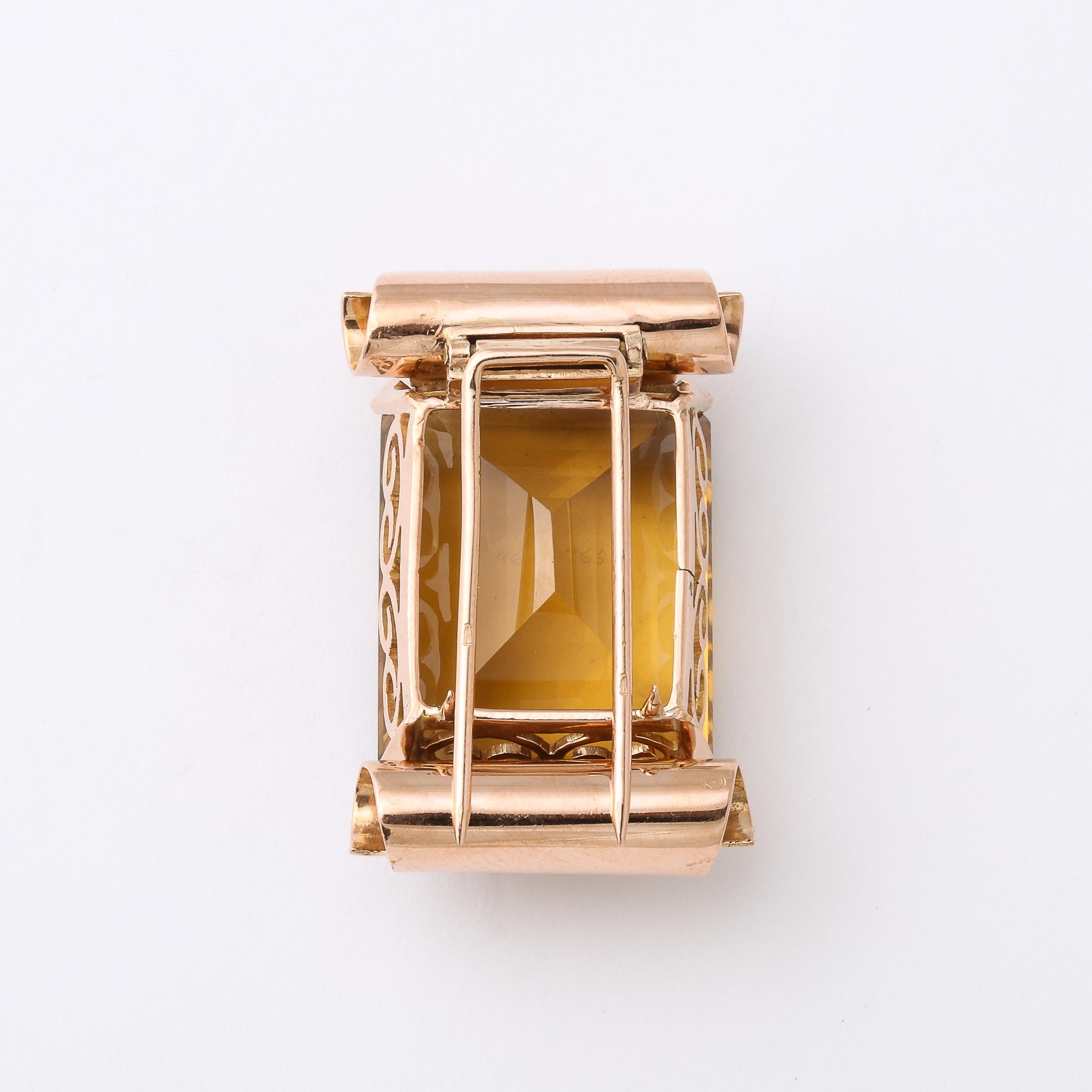Retro Brooch With 40 Carat Emerald Cut Citrine in Rose Gold in Scrolling Mount For Sale 3