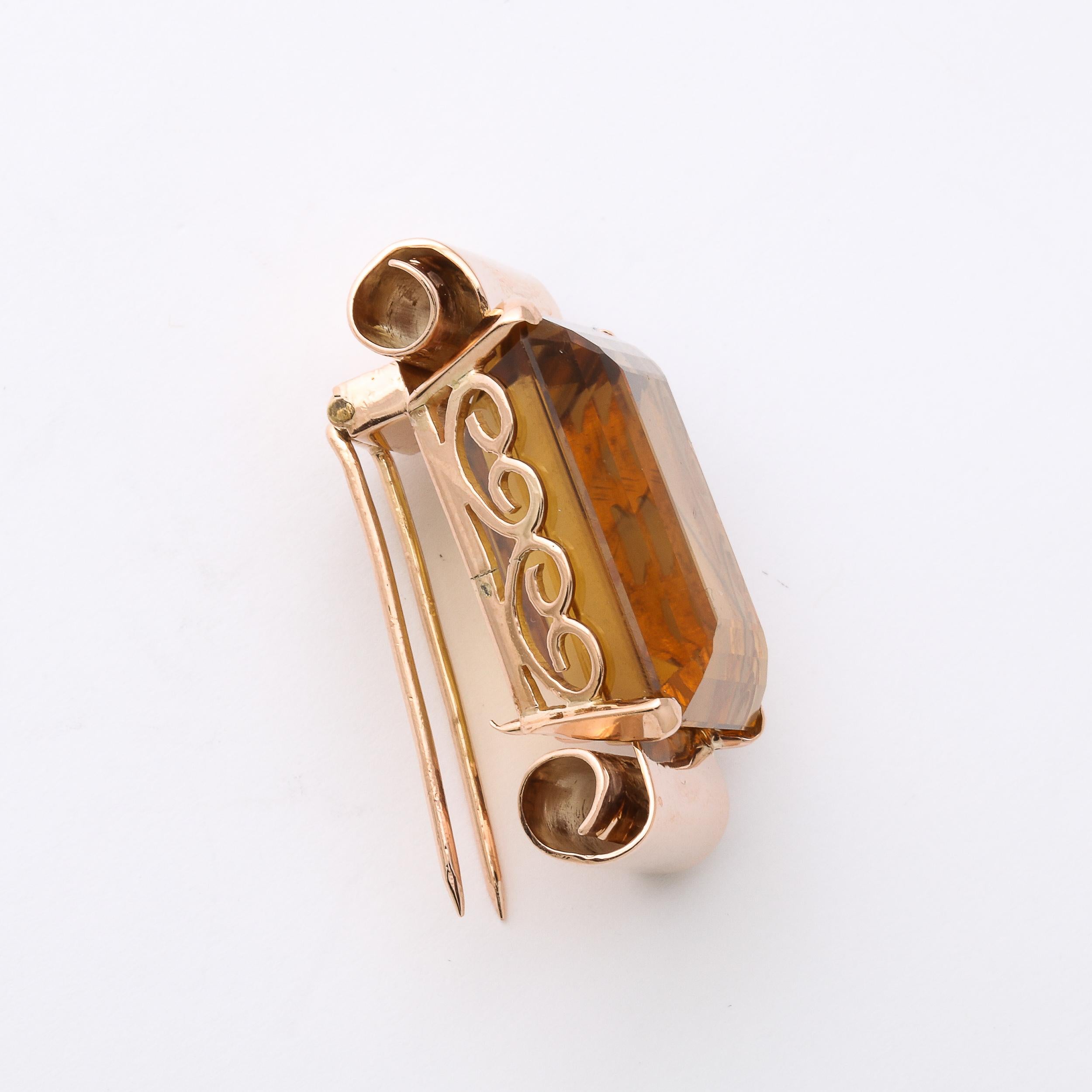 Retro Brooch With 40 Carat Emerald Cut Citrine in Rose Gold in Scrolling Mount For Sale 4