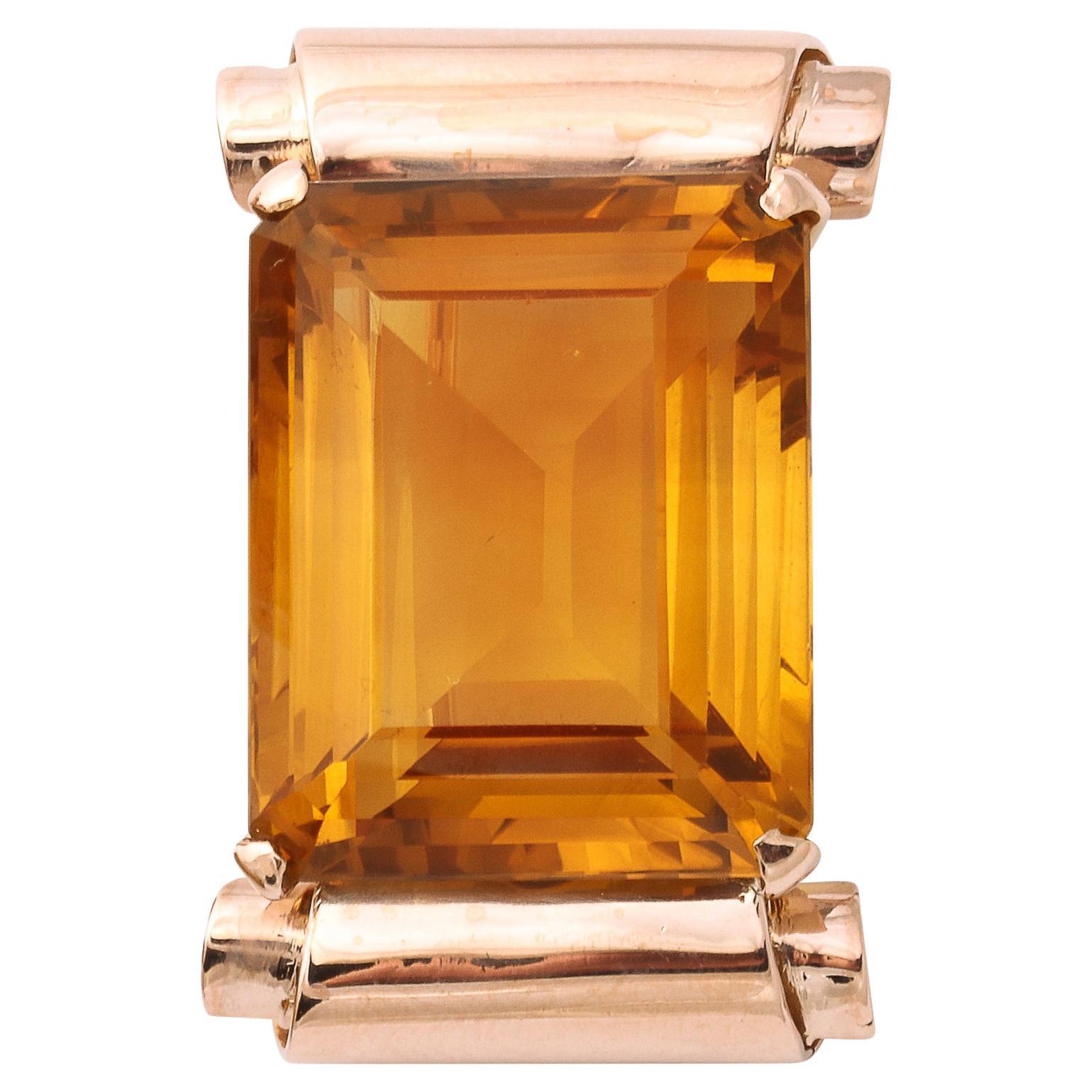 Retro Brooch With 40 Carat Emerald Cut Citrine in Rose Gold in Scrolling Mount