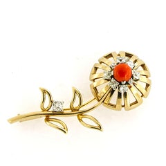 RETRO brooch with coral and old mine cut diamonds up to 1.60ct 14k gold