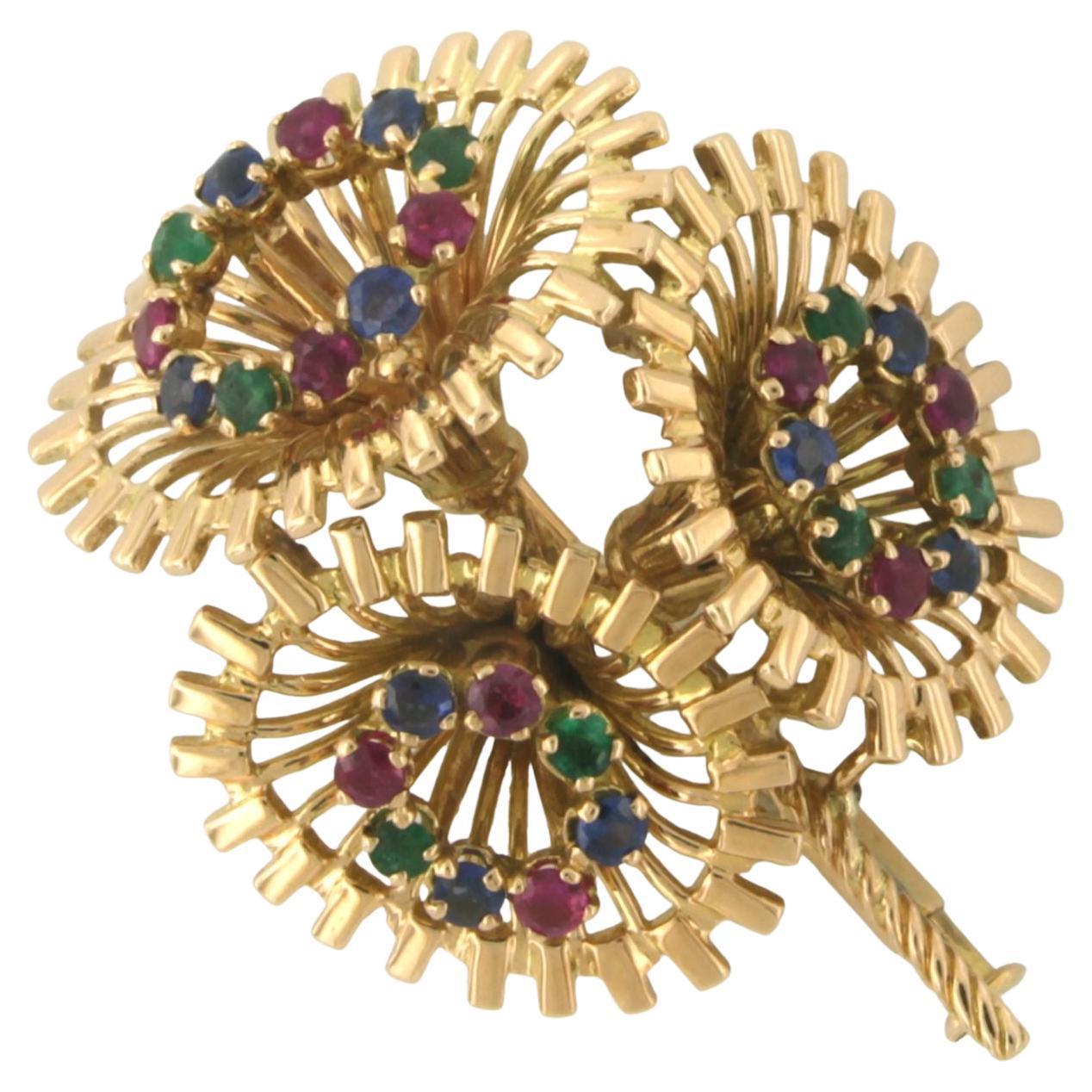 BROCHE RETRO con esmeralda, rubí y zafiro Oro rosa de 18 quilates 12,3 gramos