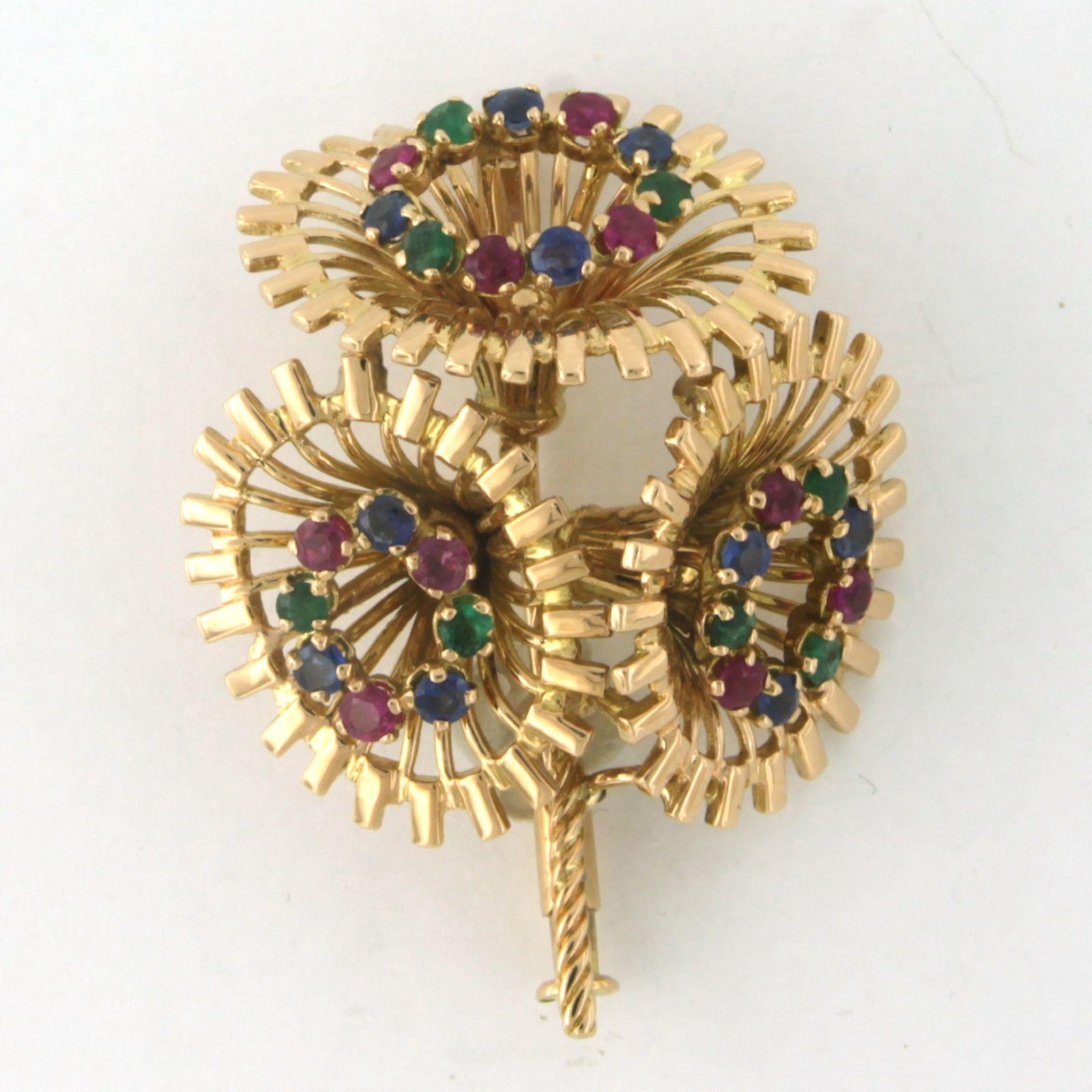Brilliant Cut RETRO Brooch with Emerald, Sapphire and Ruby 18k yellow gold For Sale