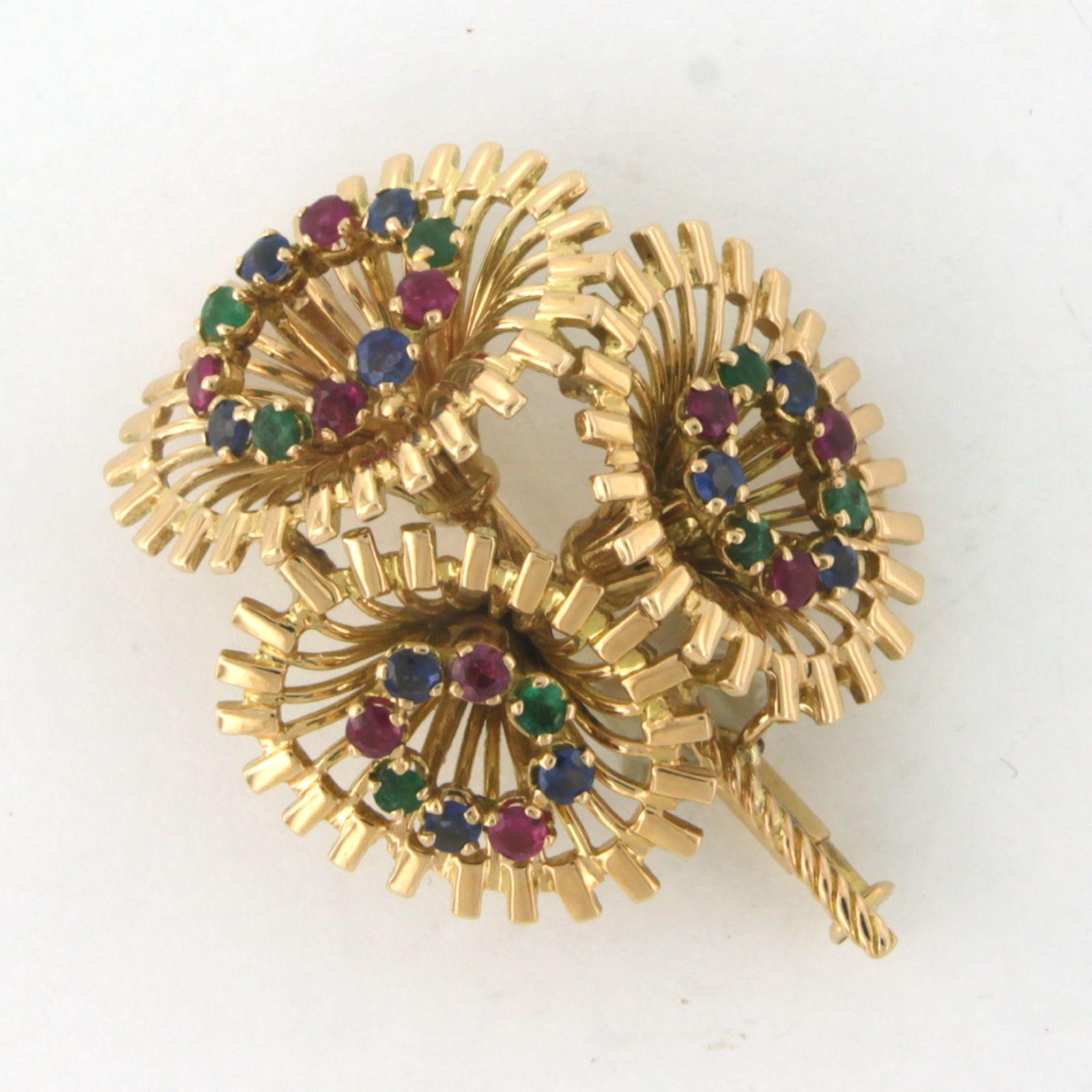 RETRO Brooch with Emerald, Sapphire and Ruby 18k yellow gold In Good Condition For Sale In The Hague, ZH
