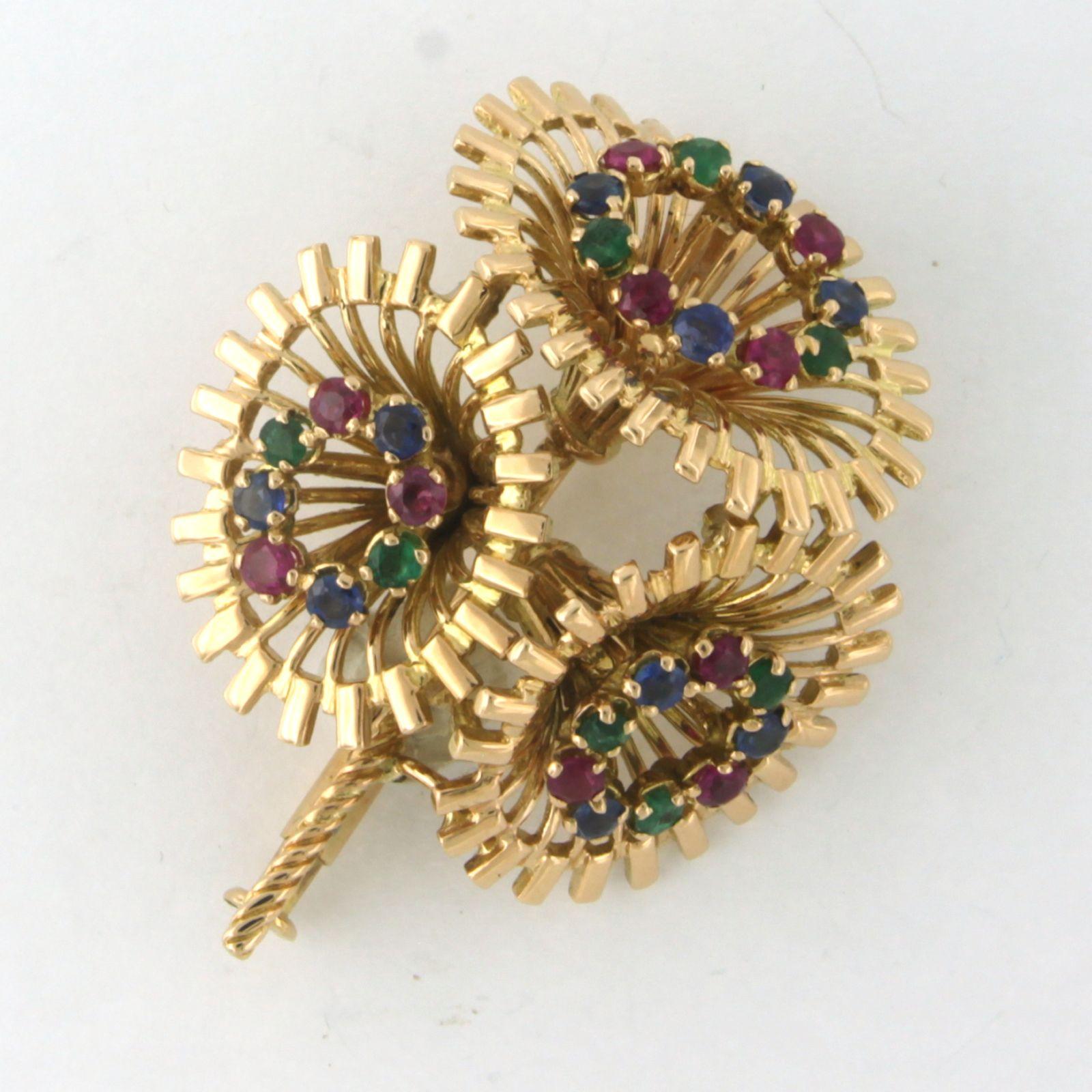 Women's RETRO Brooch with Emerald, Sapphire and Ruby 18k yellow gold For Sale