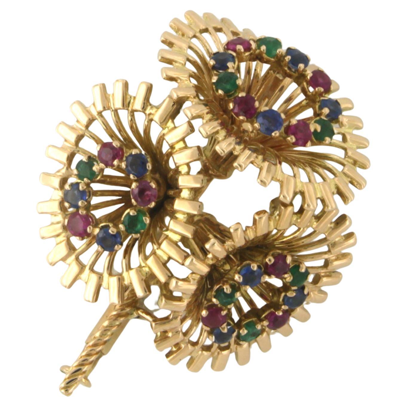 RETRO Brooch with Emerald, Sapphire and Ruby 18k yellow gold