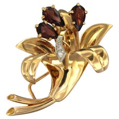 RETRO - broche en or rose et blanc 18 carats avec grenat et diamants taille unique