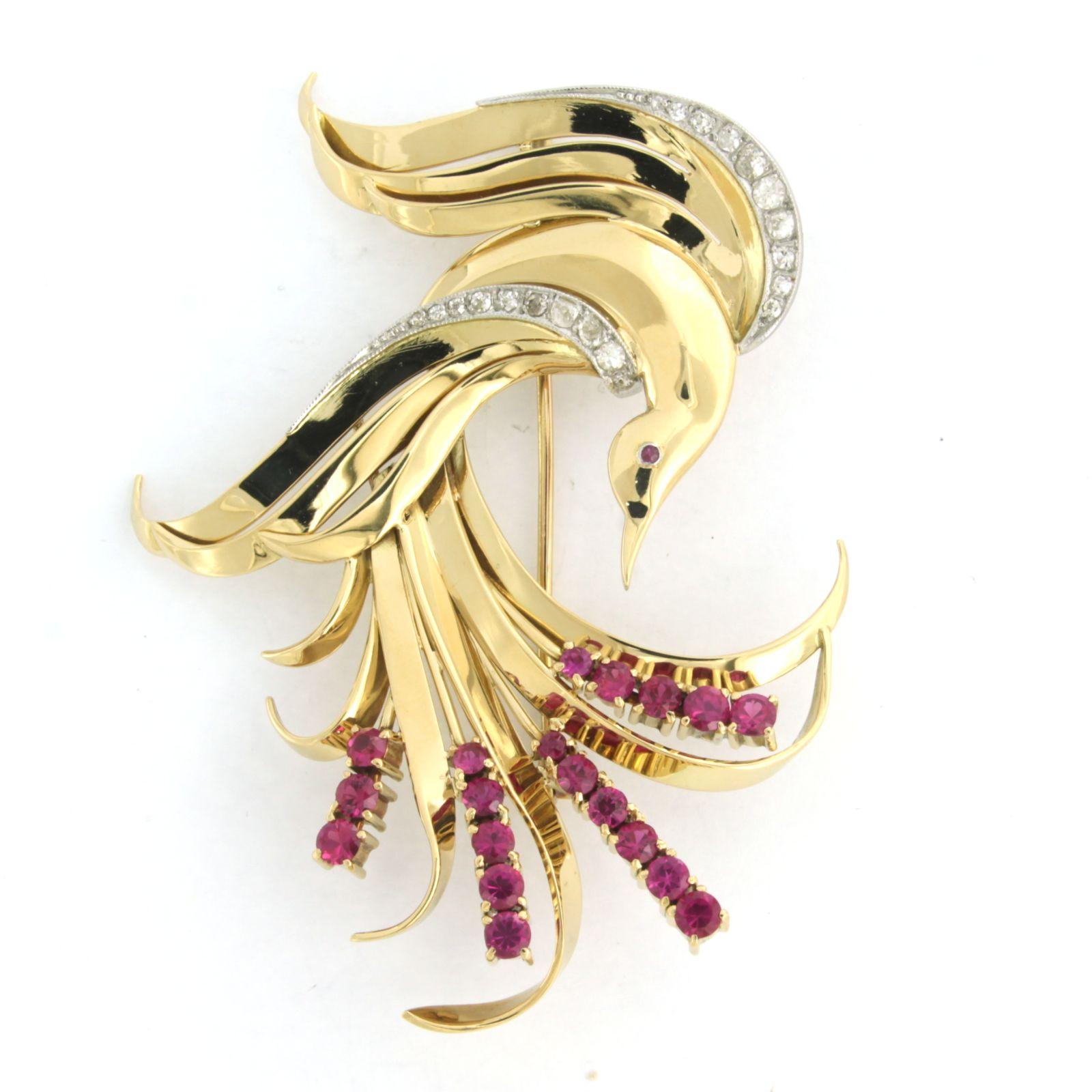Old Mine Cut RETRO brooch with ruby and old mine cut diamonds up to 0.50ct 18k gold 24.4 gram For Sale