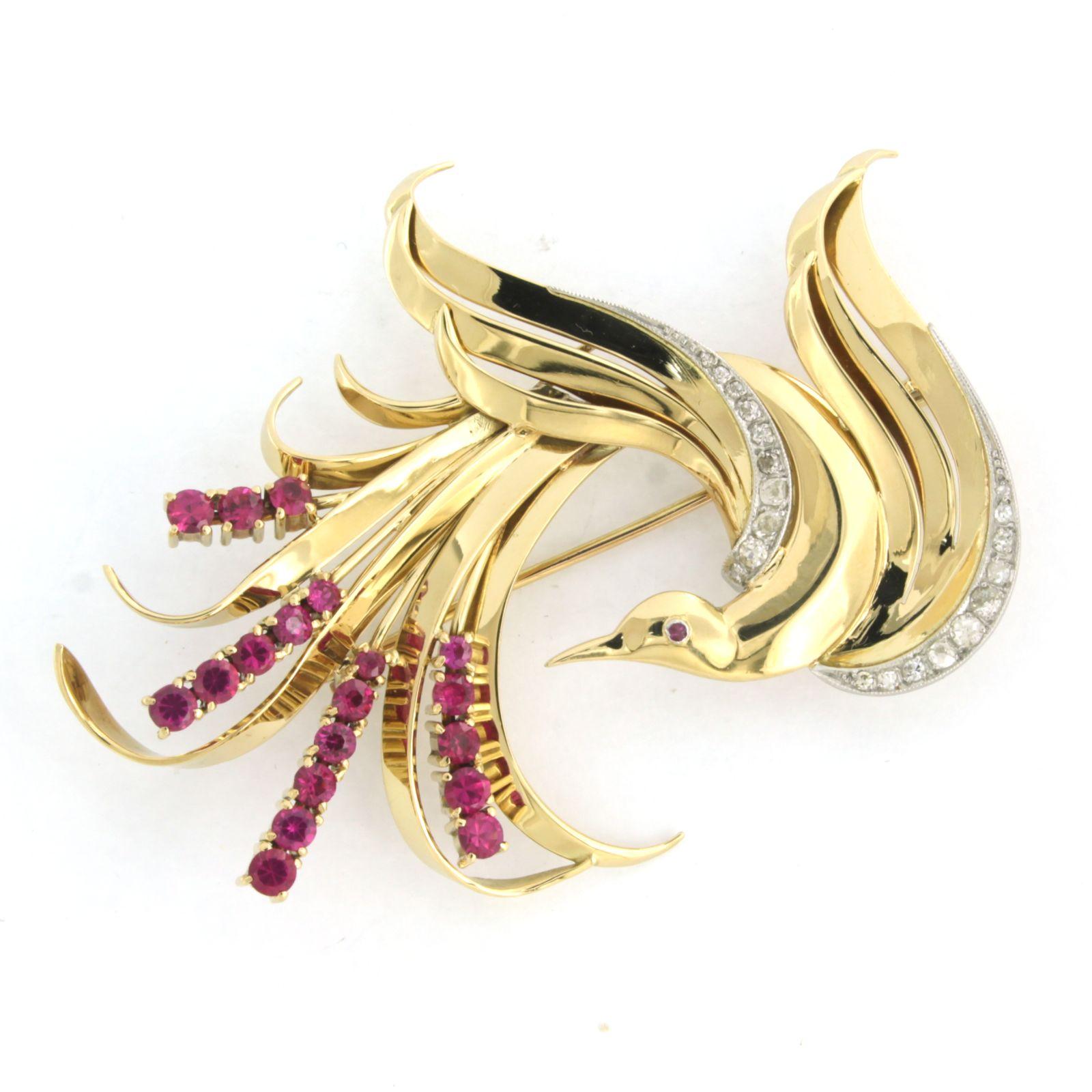 RETRO brooch with ruby and old mine cut diamonds up to 0.50ct 18k gold 24.4 gram For Sale 1