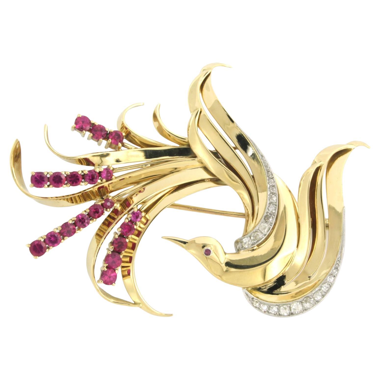 Broche RETRO avec rubis et diamants taille ancienne jusqu'à 0,50ct Or 18k 24,4 grammes