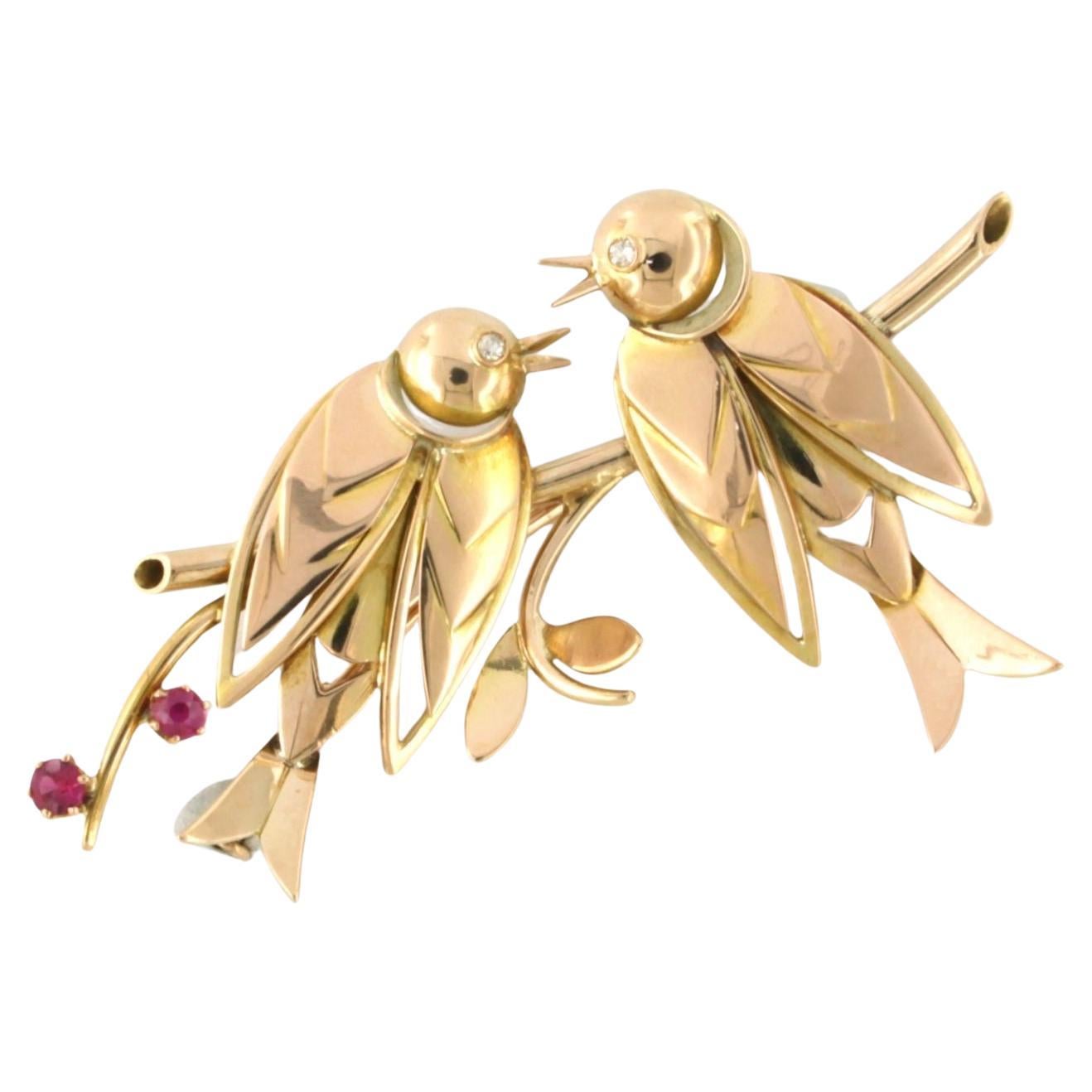 Spilla retrò con rubino e diamanti taglio singolo fino a 0,04ct Oro 18k 12,4 grammi