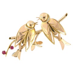 Retro Brooch with ruby and single cut diamonds up to 0.04ct 18k gold 12.4 grams