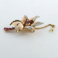 RETRO brooch with ruby and single cut diamonds up to 0.50ct 18k gold