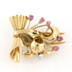 RETRO Broche con rubí verneuille y diamante talla mina vieja hasta 0,08ct Oro de 18k