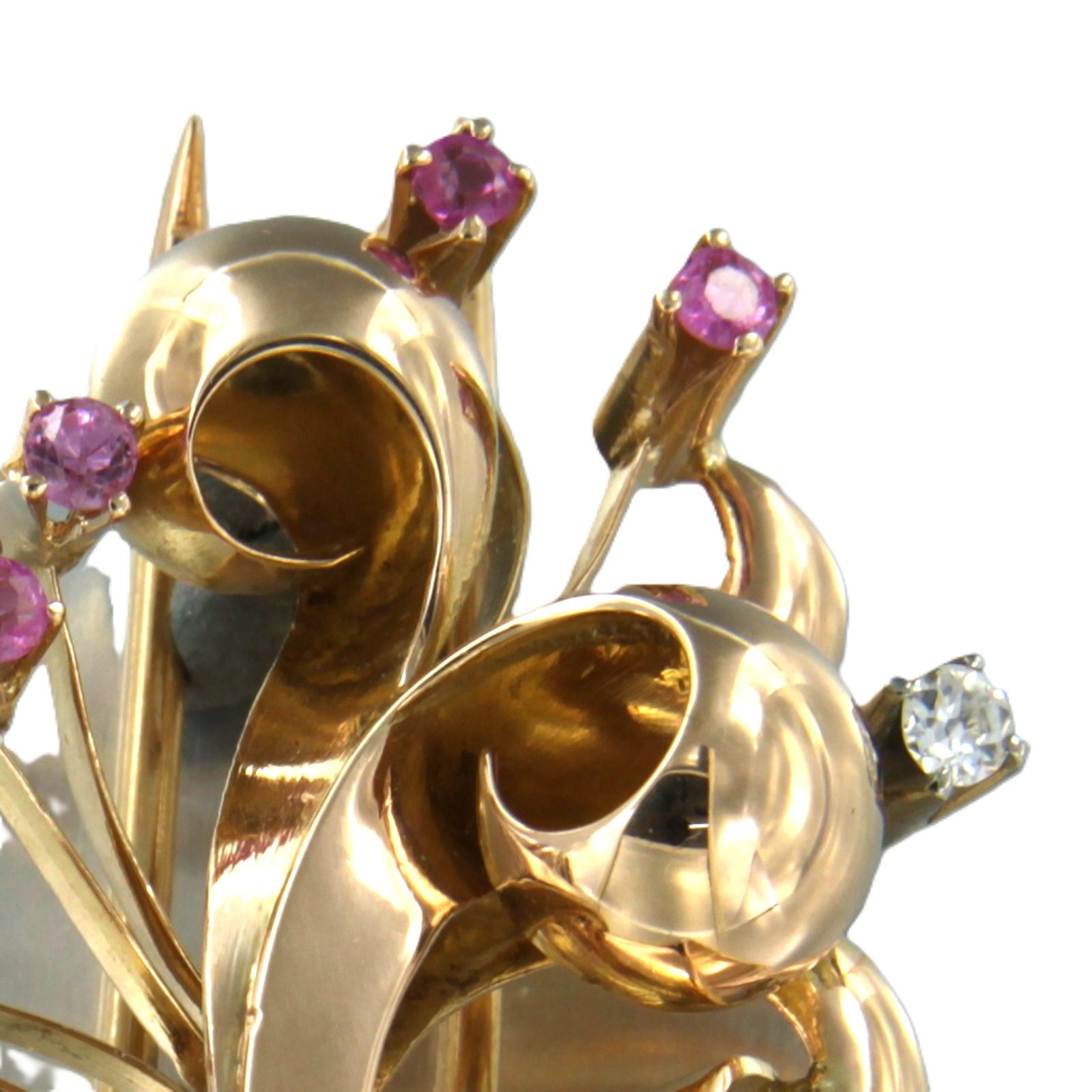 Old Mine Cut RETRO Brooch with ruby verneuille and old mine cut diamond up to 0.08ct 18k gold For Sale