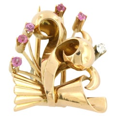 RETRO Brooch with ruby verneuille and old mine cut diamond up to 0.08ct 18k gold