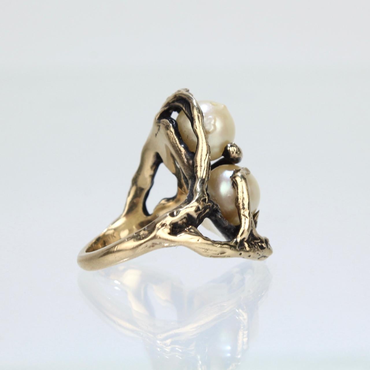 Modernist Retro Brutalist 14 Karat Gold and Double Pearl Moi et Toi Cocktail Ring