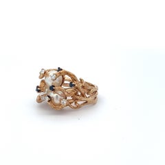 Retro Brutalist Triple Pearl, Diamond, and Sapphire Cocktail Ring 14 Karat Gold