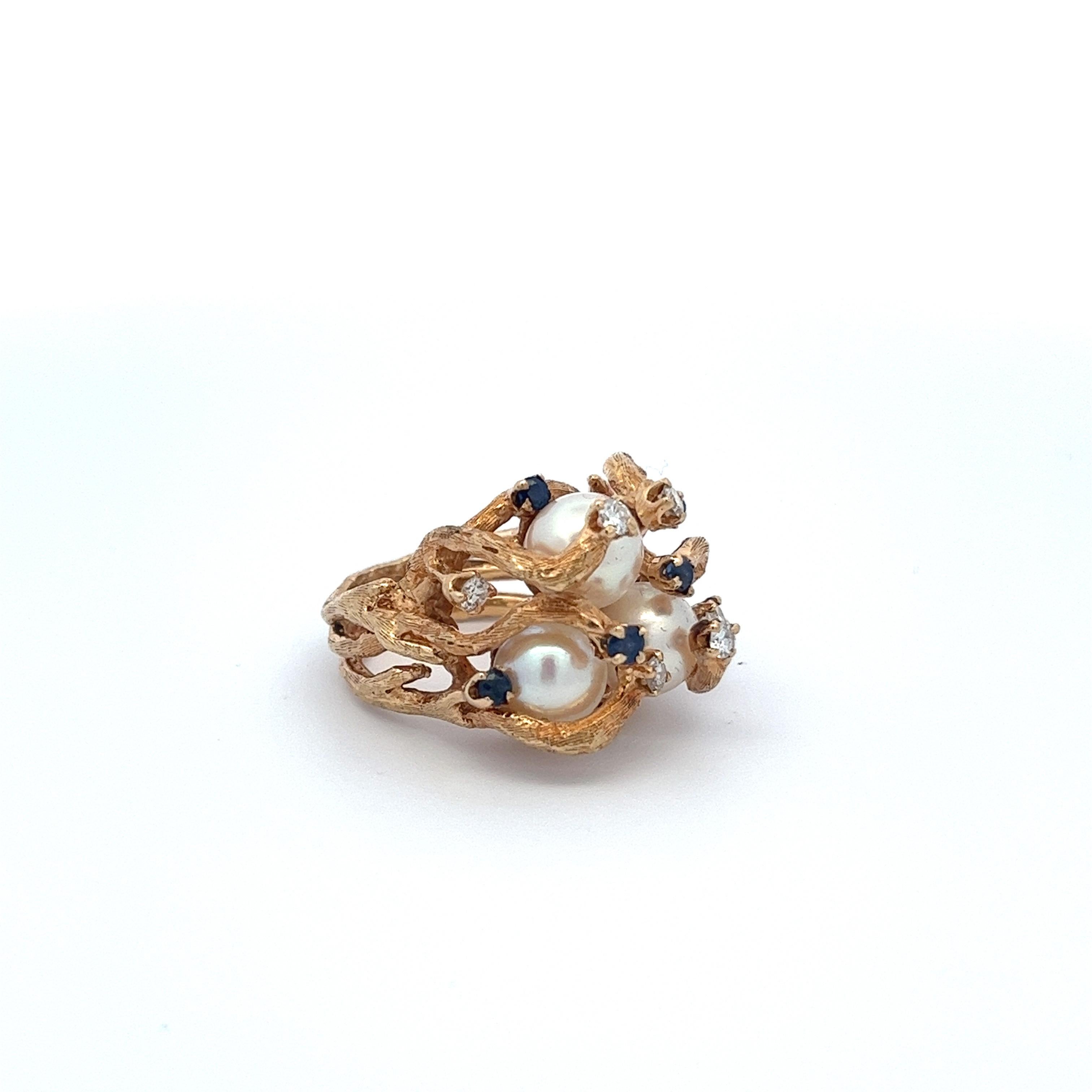 Retro Brutalist 14 Karat Gold Triple Pearl, Diamond, and Sapphire Cocktail Ring For Sale 1