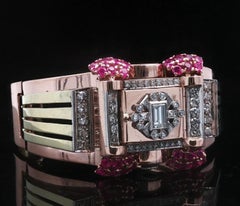 Retro Bulova 14k Rose & Green Gold Diamond & Ruby Hidden Watch Bangle Bracelet