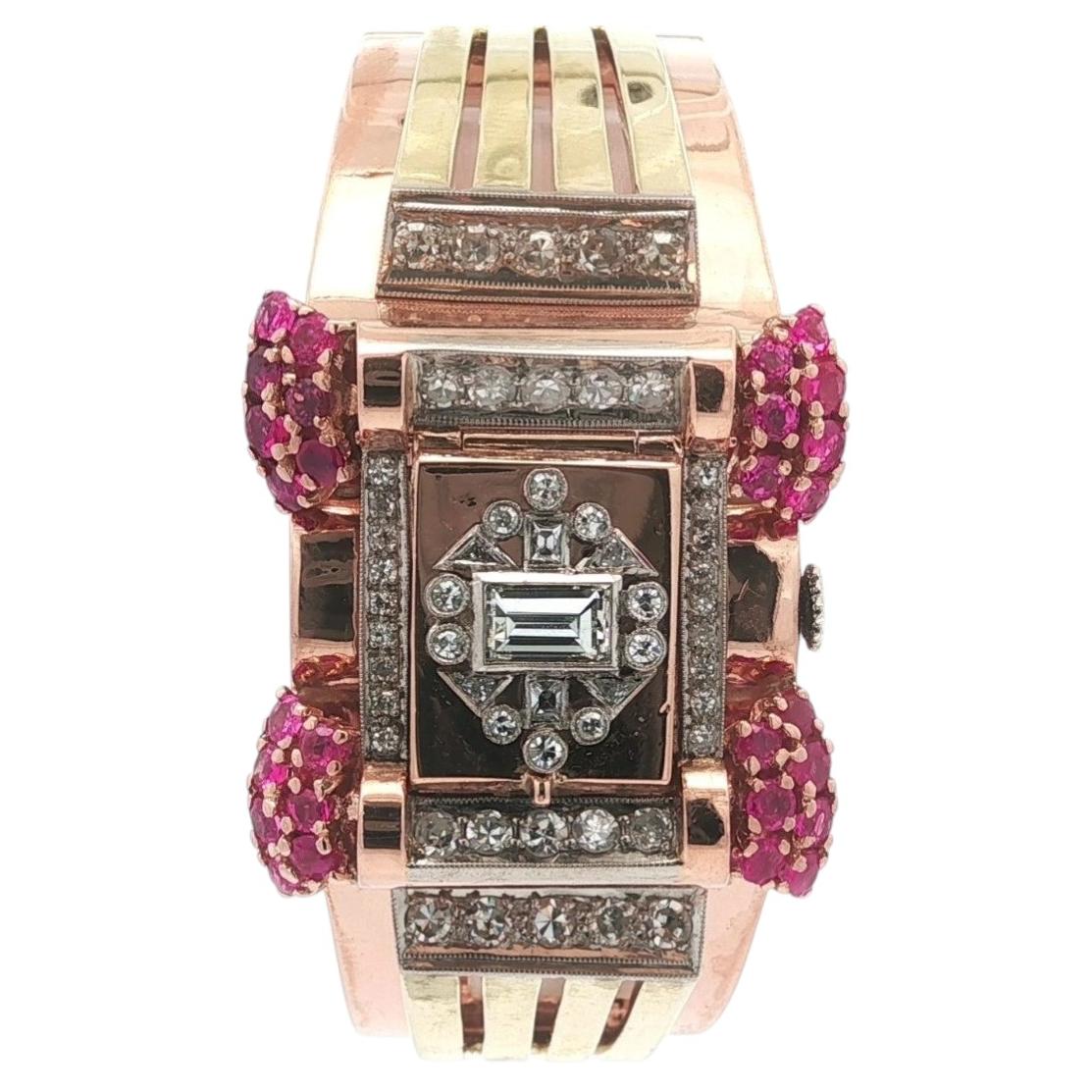 Pre-owned Bulova Retro  14k Rose & Green Gold Diamond & Ruby Hidden Watch Bangle Bracelet In Red
