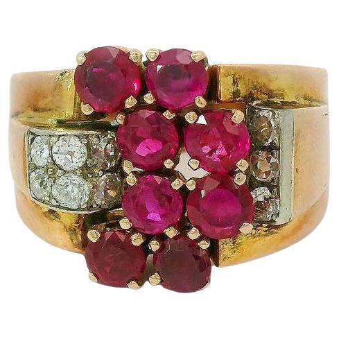Anillo retro de rubíes y diamantes de Birmania sin calor, certificado GIA