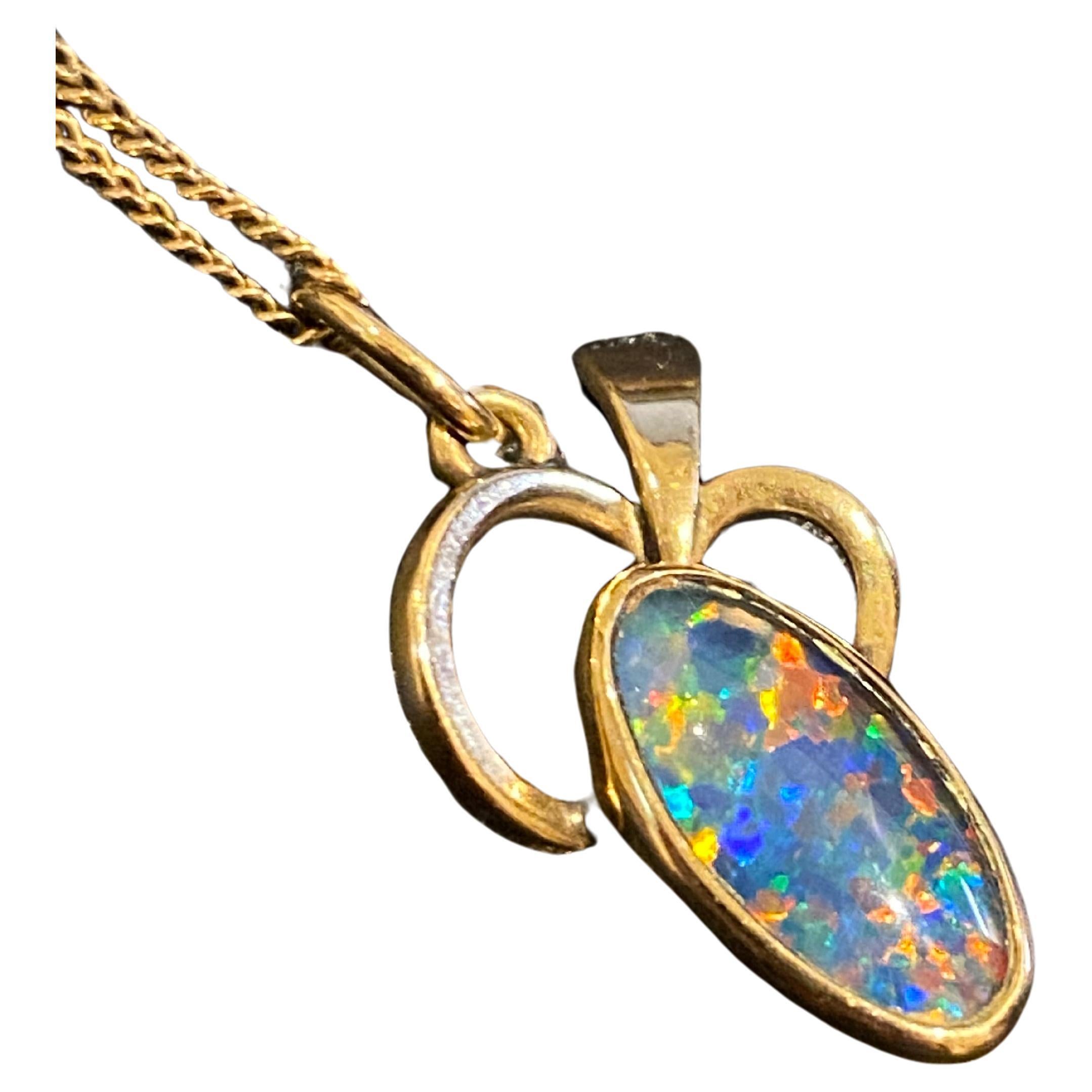 Retro c1960's Australian Oval Opal 9K Yellow Gold Pendant on Matching Gold Chain For Sale