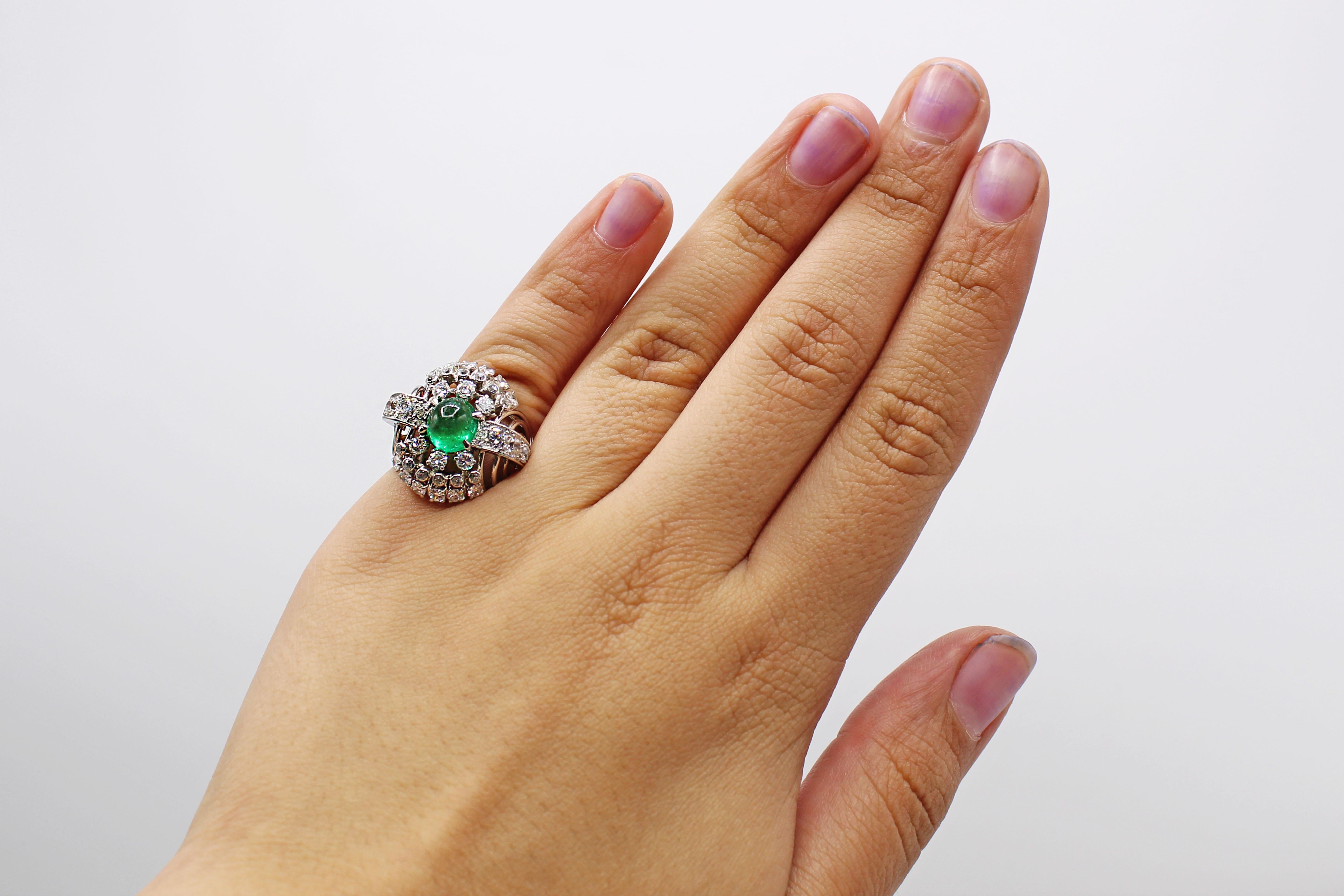 Women's or Men's Retro Cabochon Emerald Diamond Platinum Ring