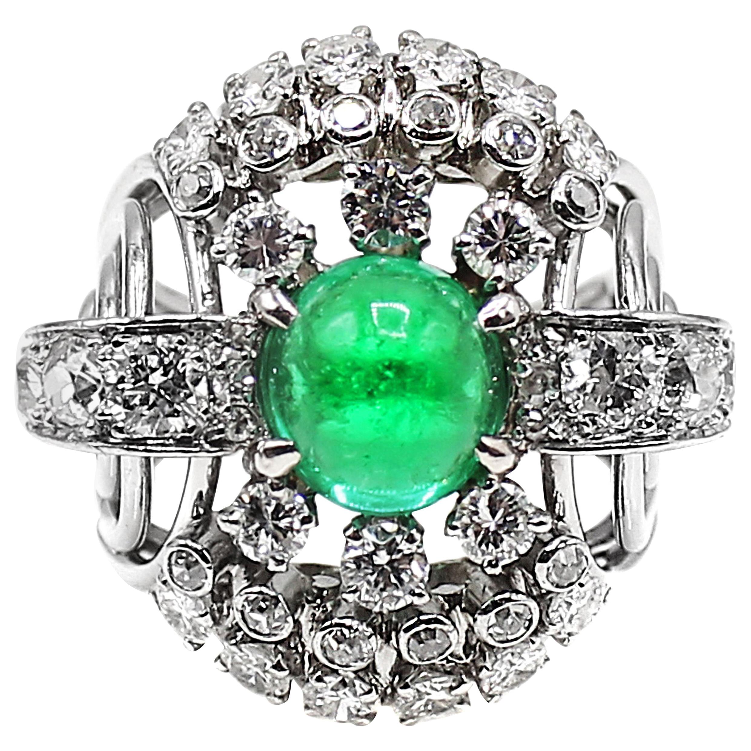 Retro Cabochon Emerald Diamond Platinum Ring