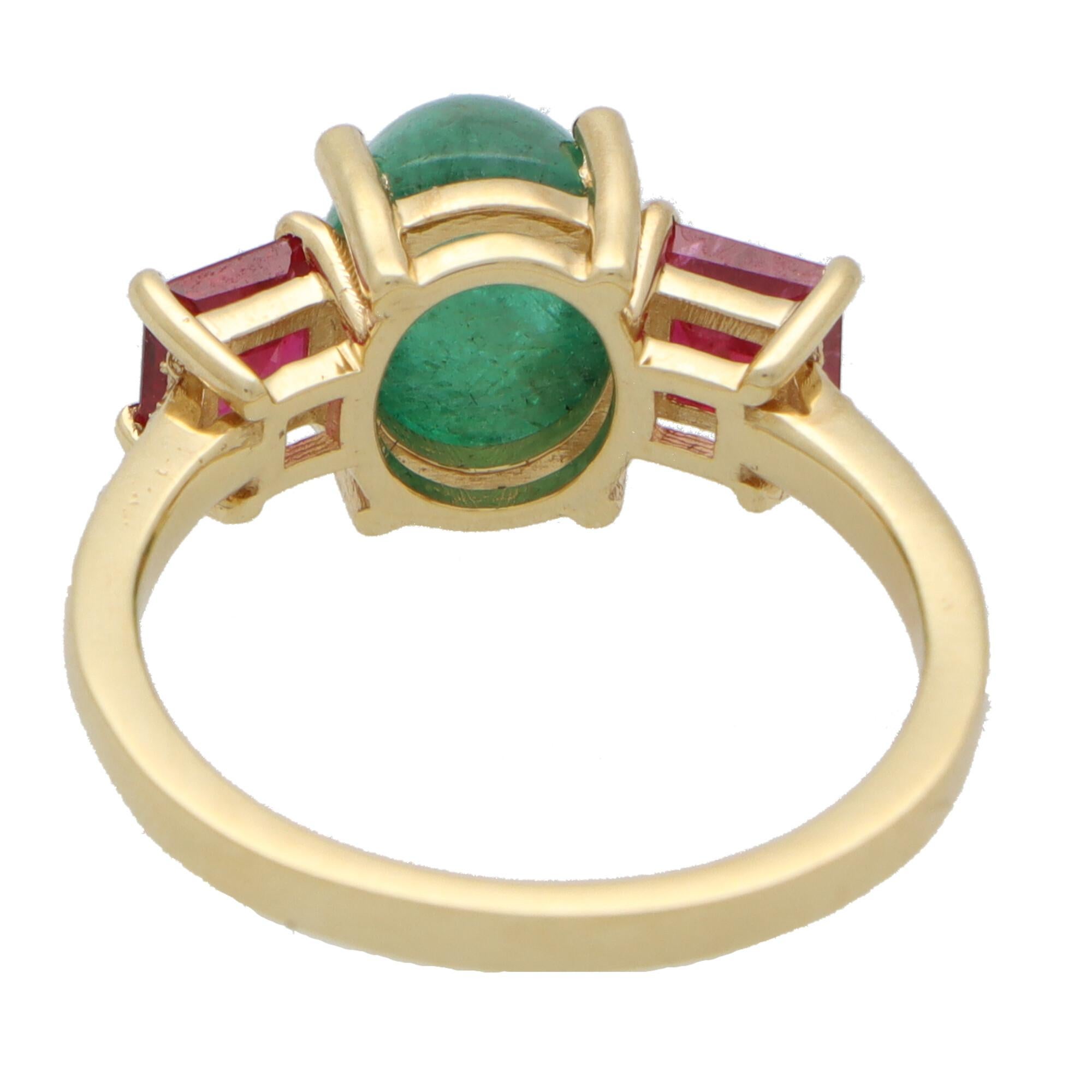 Women's or Men's Retro Cabochon Emerald, Ruby and Diamond Three Stone Ring in 18k Yellow Gold