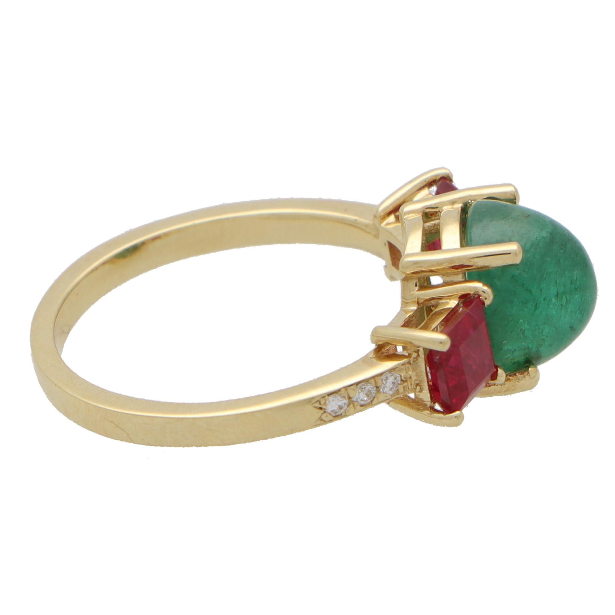 Retro Cabochon Emerald, Ruby and Diamond Three Stone Ring in 18k Yellow Gold 1
