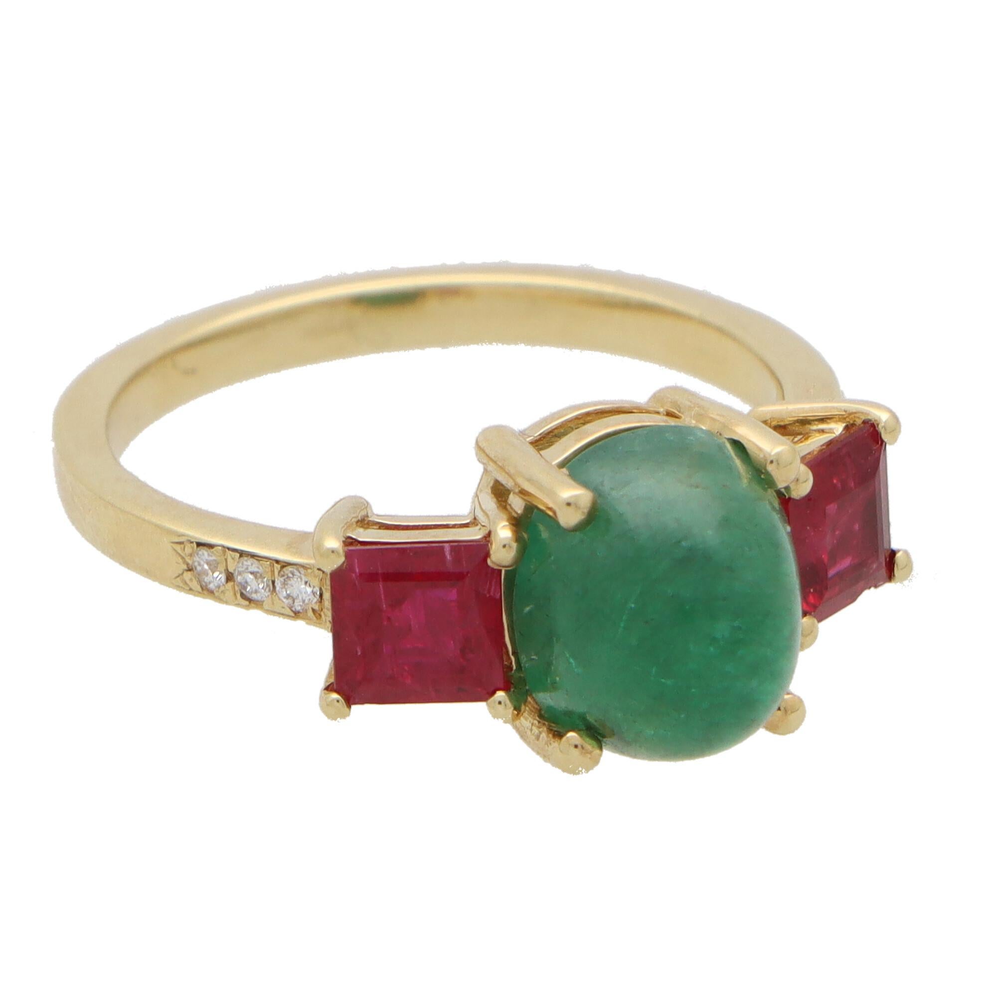 Retro Cabochon Emerald, Ruby and Diamond Three Stone Ring in 18k Yellow Gold 2