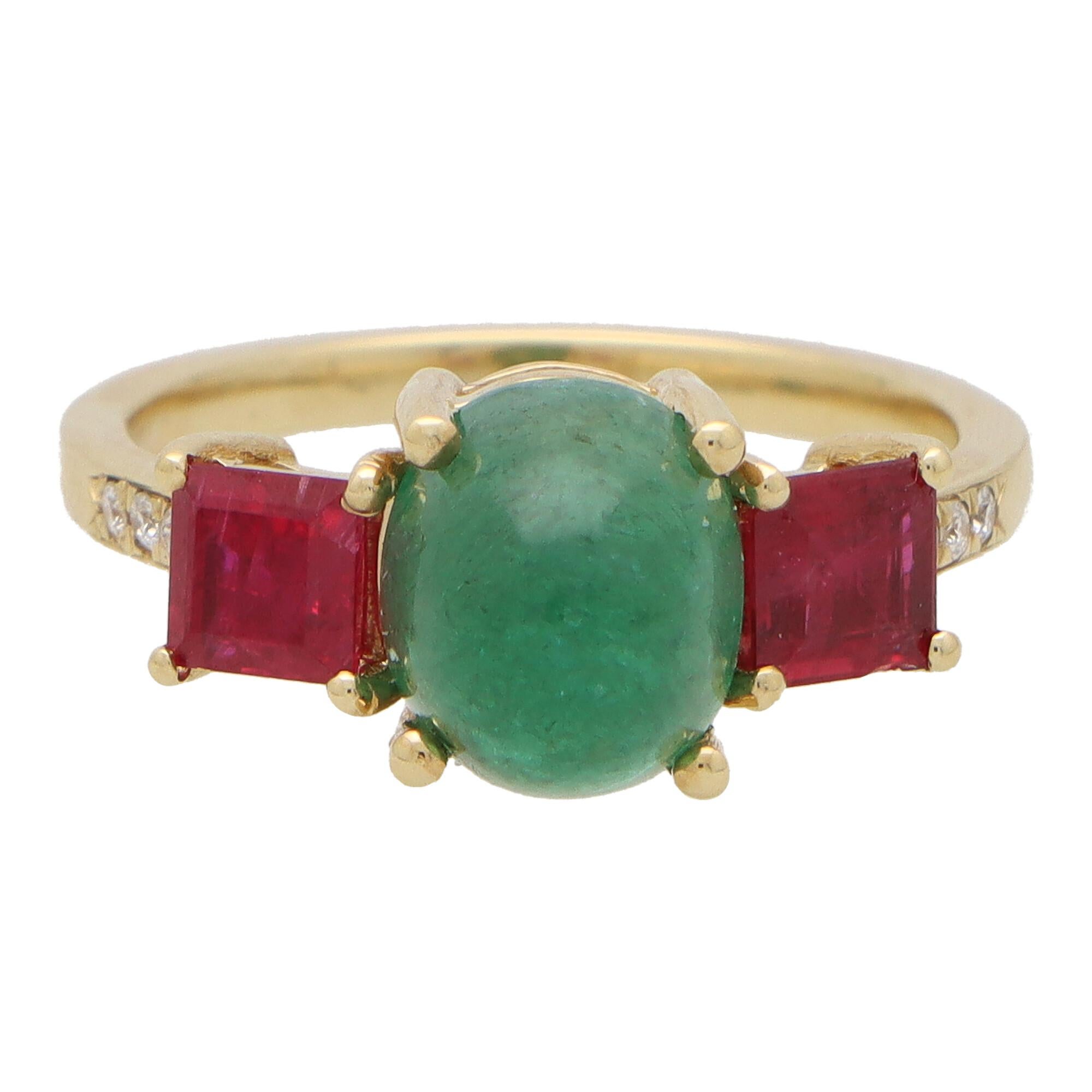 Retro Cabochon Emerald, Ruby and Diamond Three Stone Ring in 18k Yellow Gold 4