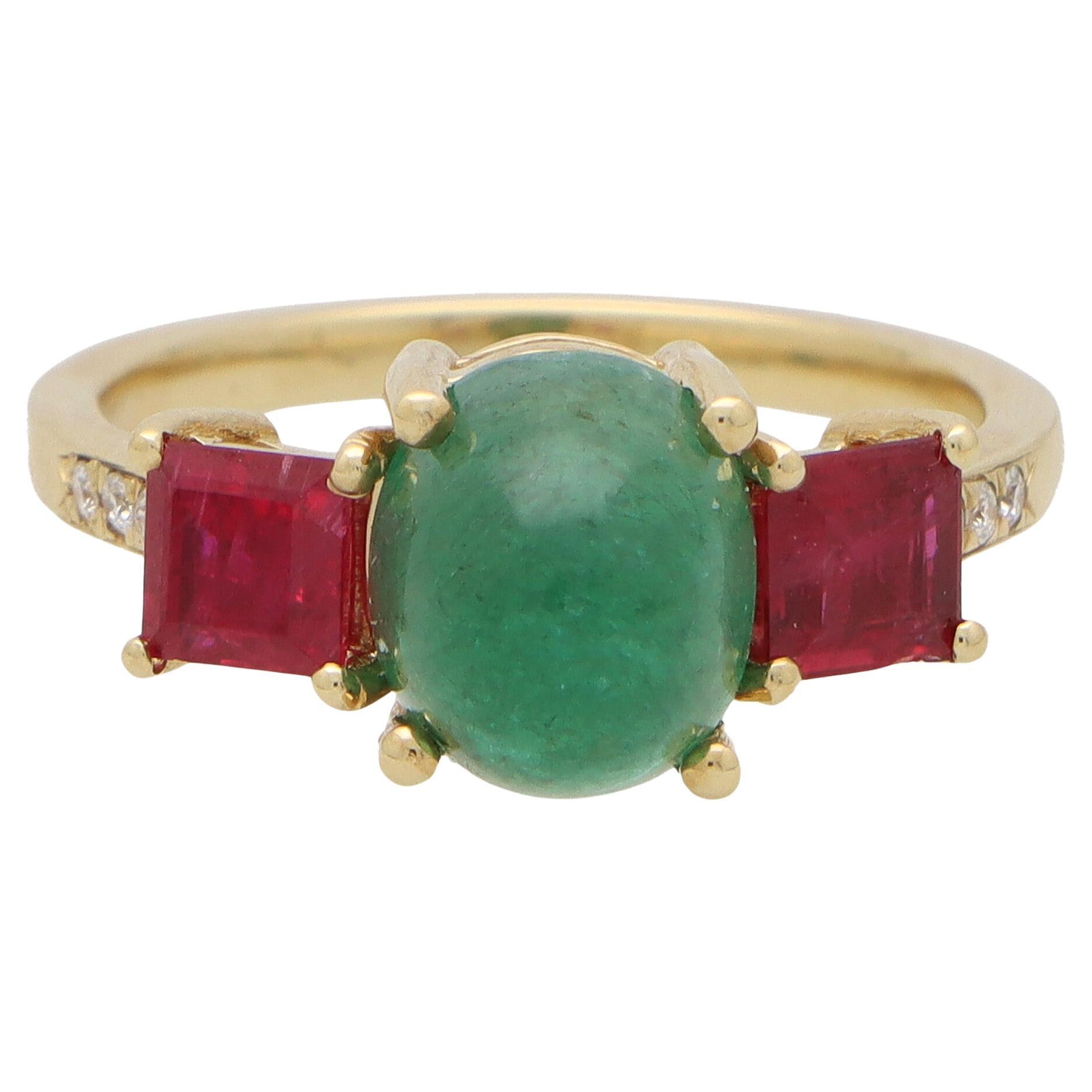 Retro Cabochon Emerald, Ruby and Diamond Three Stone Ring in 18k Yellow Gold