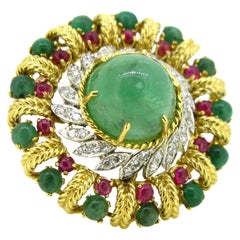 Retro Cabochon Emeralds Ruby Diamonds Brooch Retro Cabochon Emeralds Ruby Diamonds Brooch