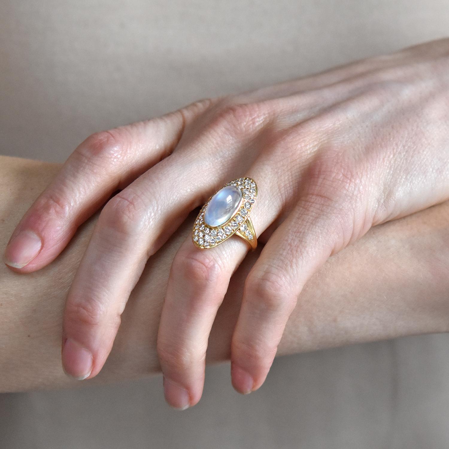 Retro Cabochon Moonstone and Pavé Set Diamond Navette Ring For Sale 3