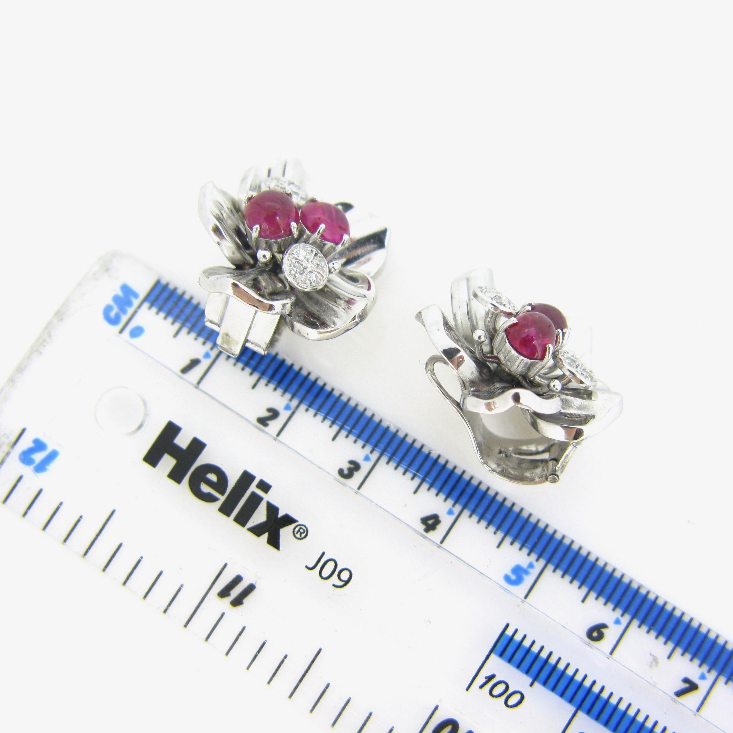 Retro Cabochon Rubies and Diamonds White Gold Flowers Earrings Clips 2