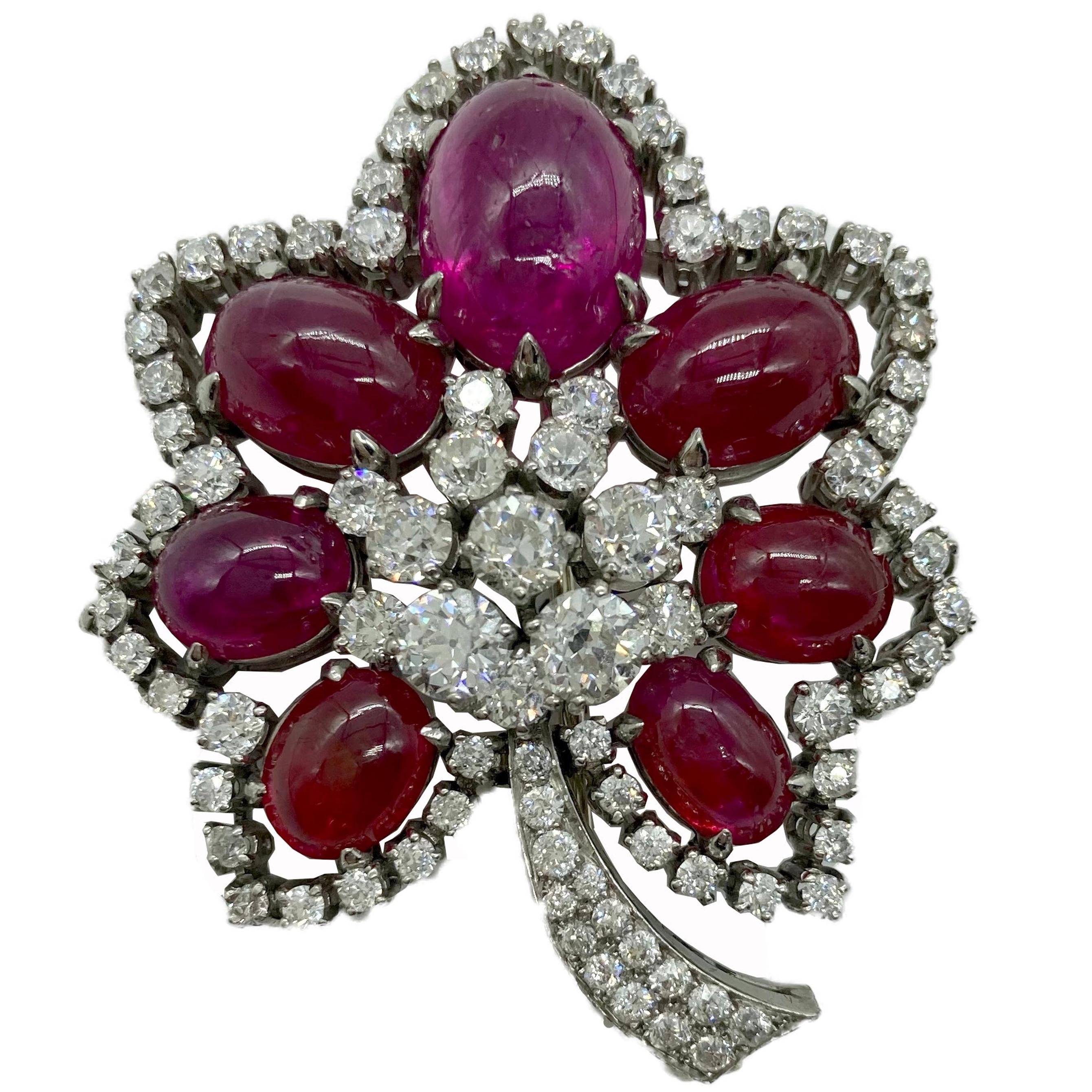 Retro Cabochon Ruby and Diamond Flower Brooch