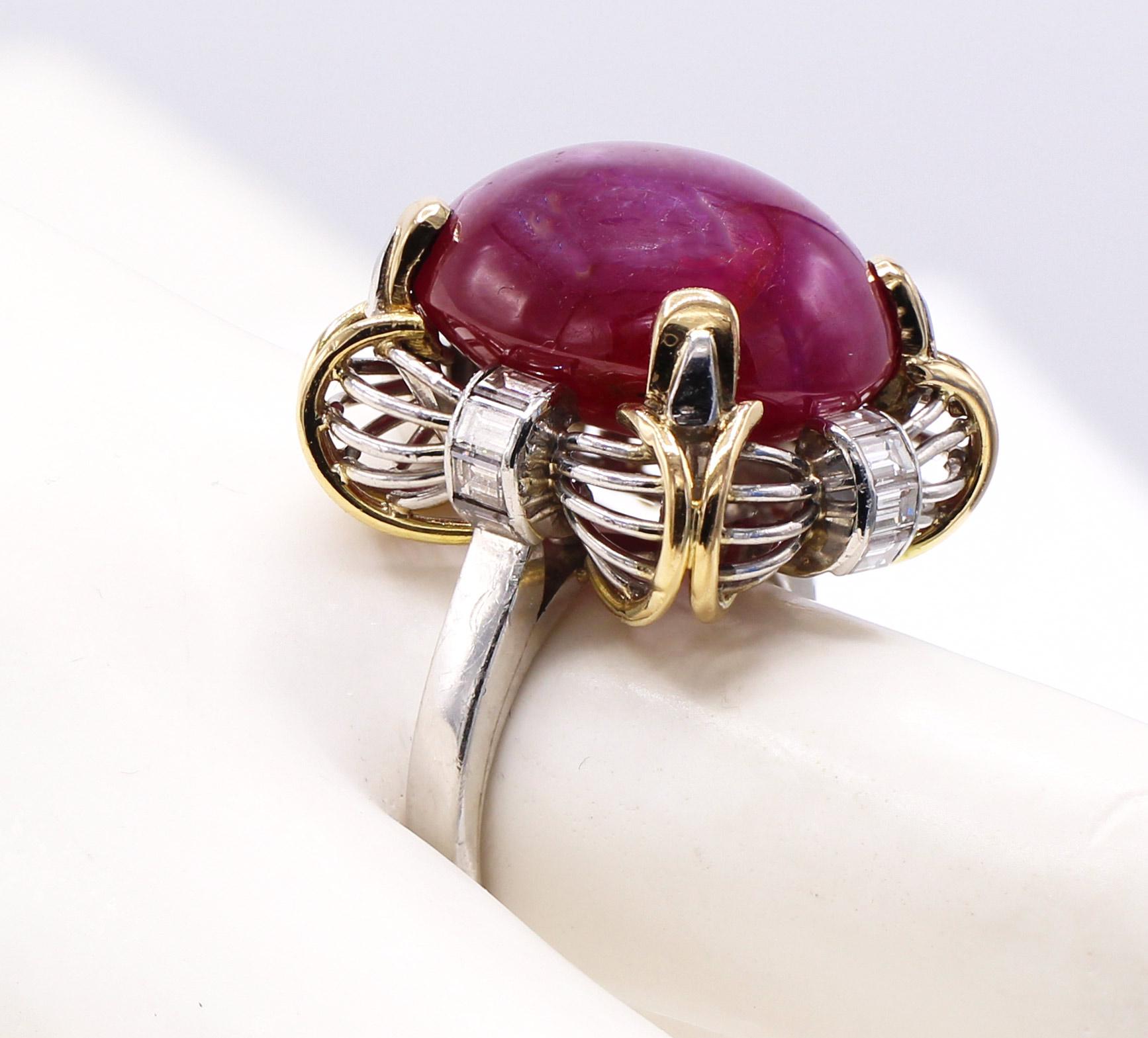Mixed Cut Retro Cabochon Ruby Diamond Platinum Gold Ring For Sale